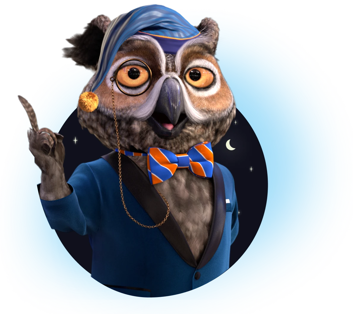 Xyzal's mascot, Nigel the owl, wearing a suit and a stylish bow tie, complete with a night cap, exuding a professional and sophisticated demeanor.